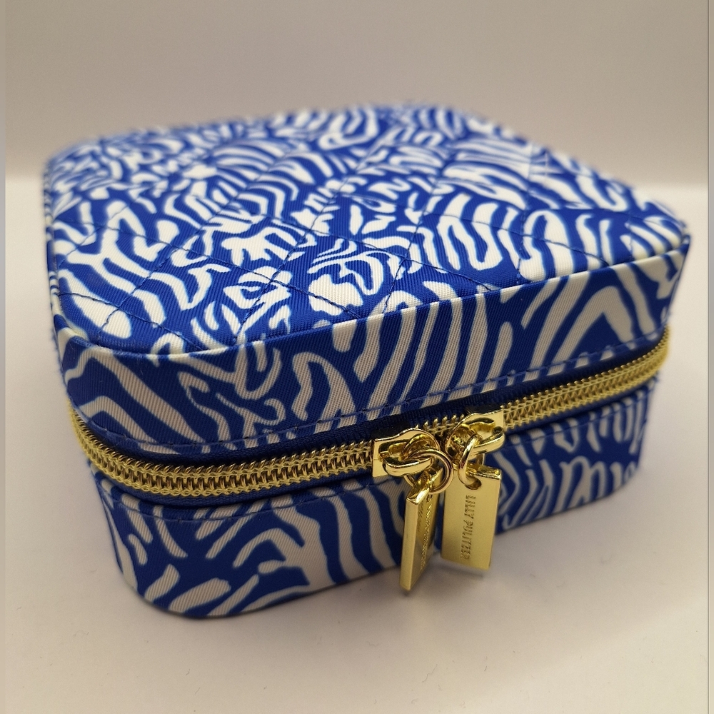 Lilly Pulitzer Blue White Travel Jewelry Case Organizer Mirror Ring Holder Zip